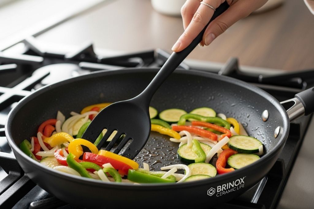 Cuidado correto com uma panela Brinox Ceramic Life usando uma espátula de silicone para não riscar o revestimento.