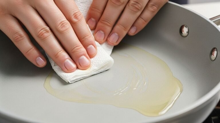 Passo a passo de como fazer a cura de uma panela de cerâmica nova, com uma mão espalhando óleo no revestimento para ativar a antiaderência.