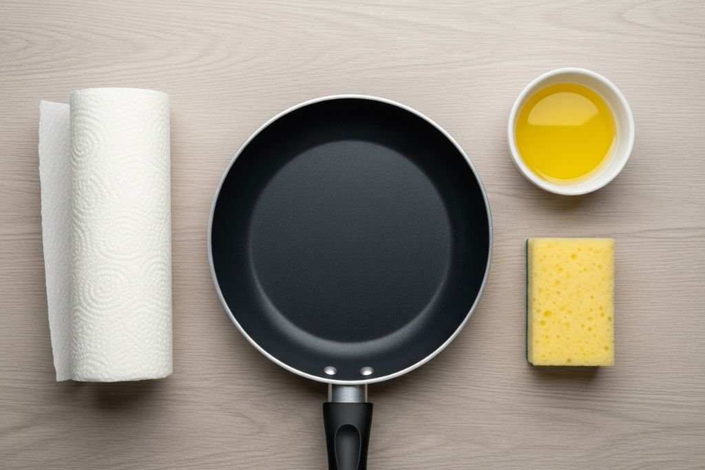 Materiais necessários para o primeiro uso de uma panela de cerâmica: óleo vegetal, papel toalha e uma esponja macia