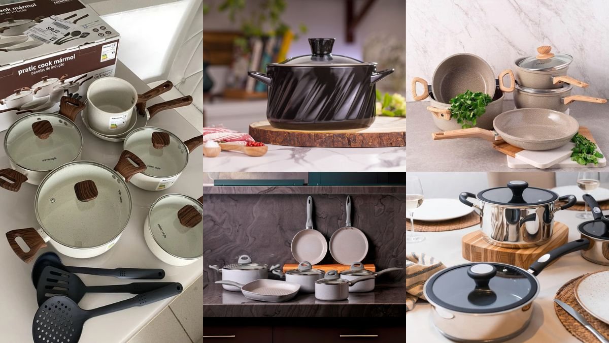 Comparativo visual com as melhores marcas de panelas de cerâmica: Brinox, Tramontina, Ceraflame, Oster e Mimo Style.