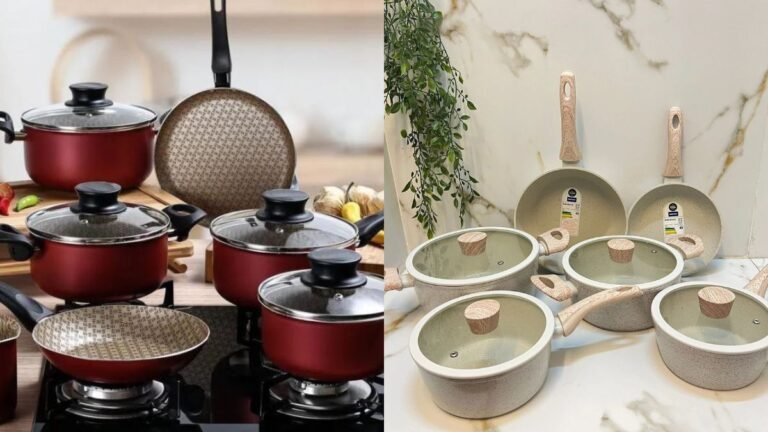 Comparativo visual entre uma panela antiaderente de Teflon e uma panela de cerâmica, para decidir qual a melhor.