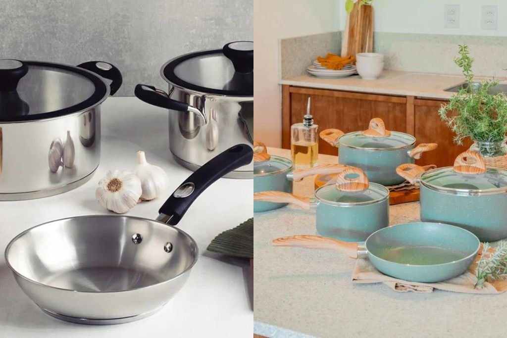 Comparativo visual entre uma panela de cerâmica antiaderente e uma panela de aço inox para ajudar a decidir qual é a melhor