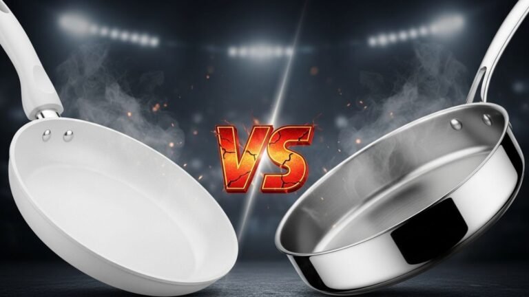 Infográfico comparativo mostrando uma panela de cerâmica branca contra uma panela de aço inox brilhante, ilustrando a escolha entre os dois materiais de cozinha.