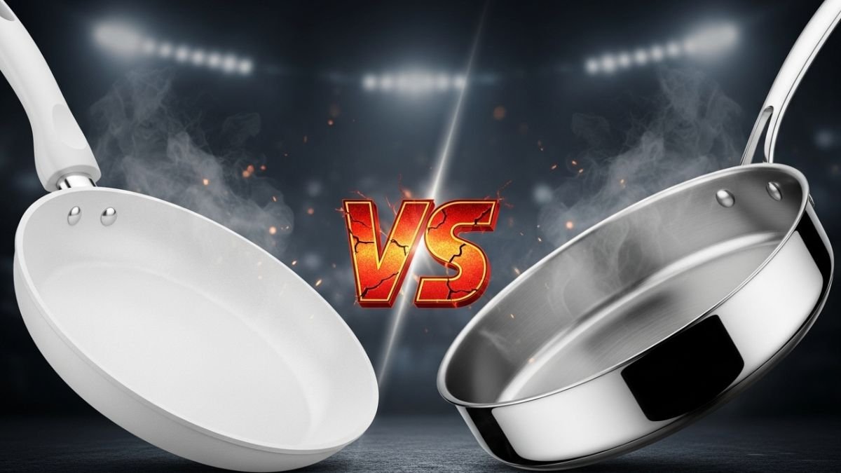 Infográfico comparativo mostrando uma panela de cerâmica branca contra uma panela de aço inox brilhante, ilustrando a escolha entre os dois materiais de cozinha.