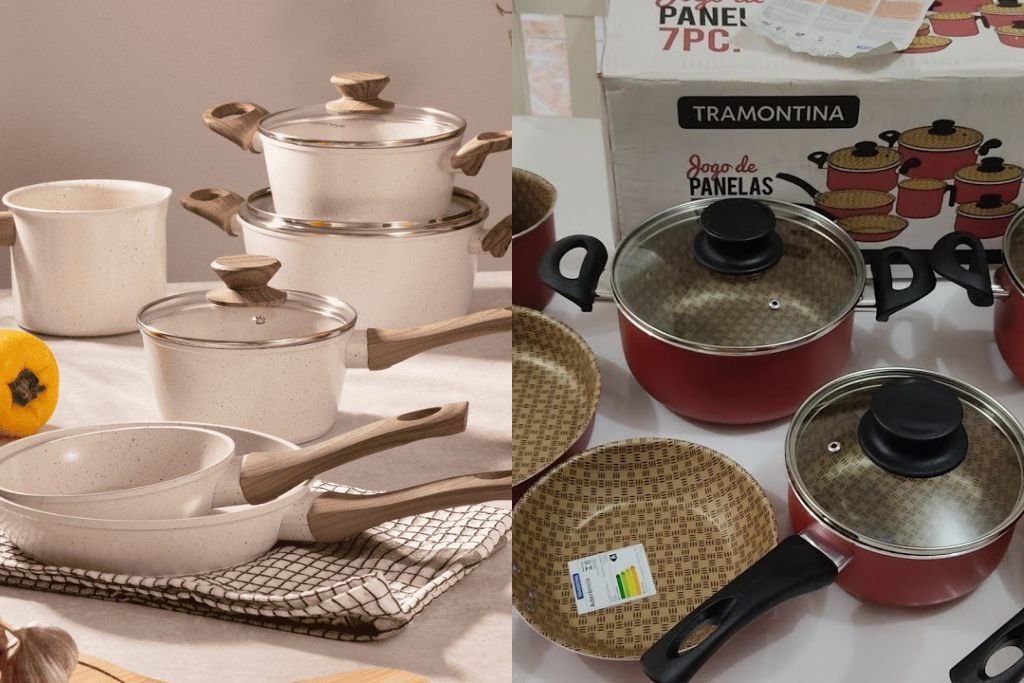 Comparativo visual entre uma panela antiaderente de Teflon e uma panela de cerâmica, para decidir qual a melhor.