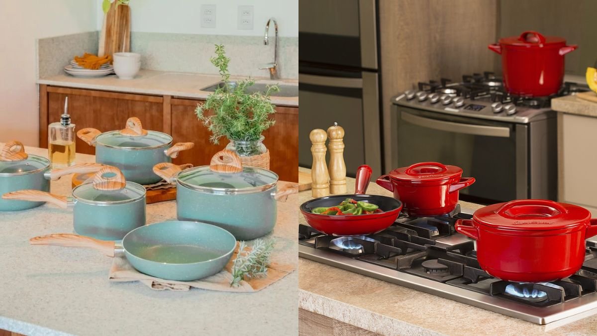 Comparativo visual entre uma panela de cerâmica pura, mais robusta, e uma panela de alumínio com revestimento cerâmico.