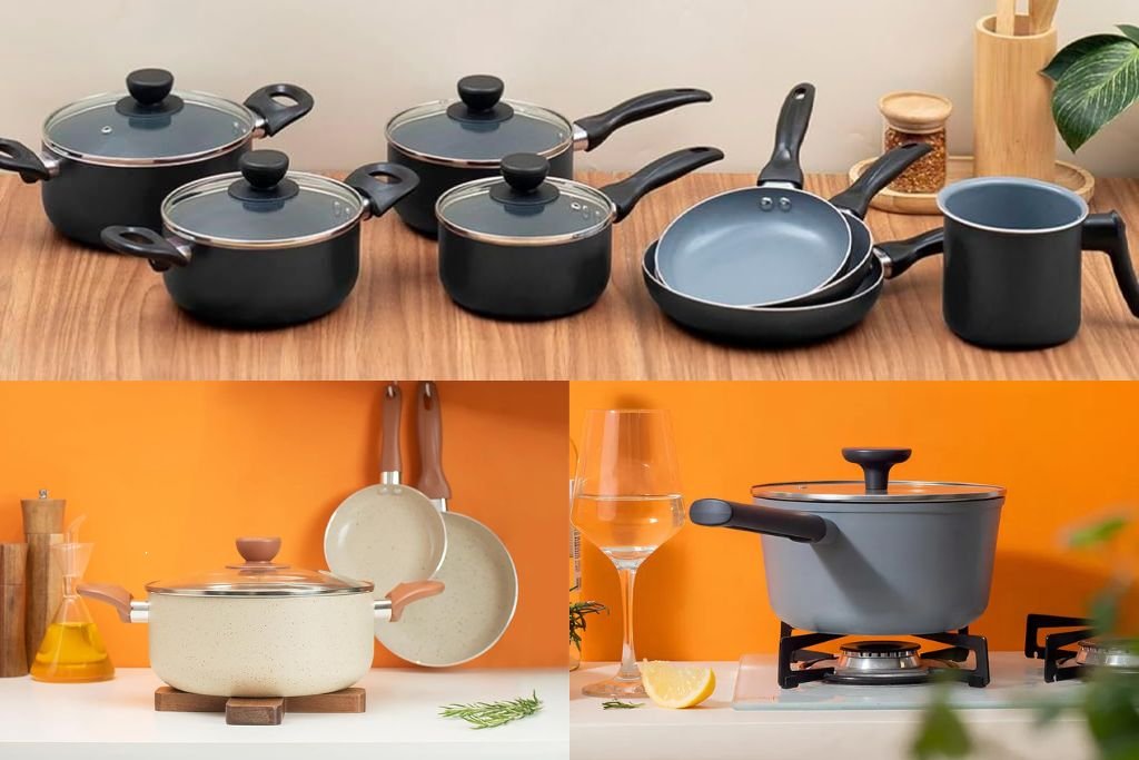 Comparativo visual das linhas de panelas Oikos Base, Terrara e Mou Trufa, tema da análise sobre a qualidade do revestimento cerâmico.